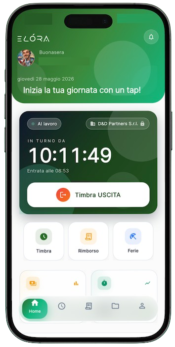 Anteprima della homepage dell'app mobile Elora HR: timbra entrata/uscita, ferie, rimborsi e cedolini.